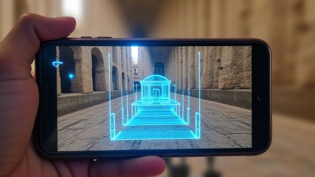 Un smartphone superposant un modèle 3D d'une ruine antique sur une photo de musée, démontrant la réalité augmentée pour le patrimoine.