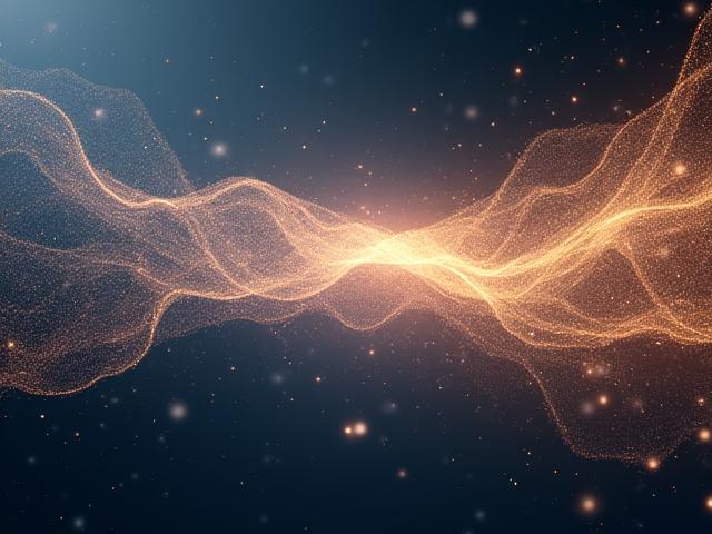 Visualisation dynamique et abstraite générée par code créatif, mélangeant des formes géométriques lumineuses aux couleurs primaires de Dune Créative (bleu, or, sombre).