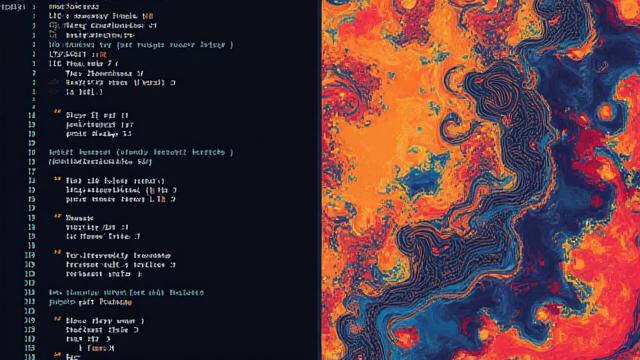Écran d'ordinateur affichant du code JavaScript simple à gauche et une grille de formes organiques multicolores générées par le code à droite.