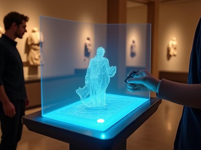 Démonstration de l'expérience 'Mémoire Augmentée du Louvre' montrant un visiteur interagir avec une tablette superposant des artefacts numériques sur le lieu réel.