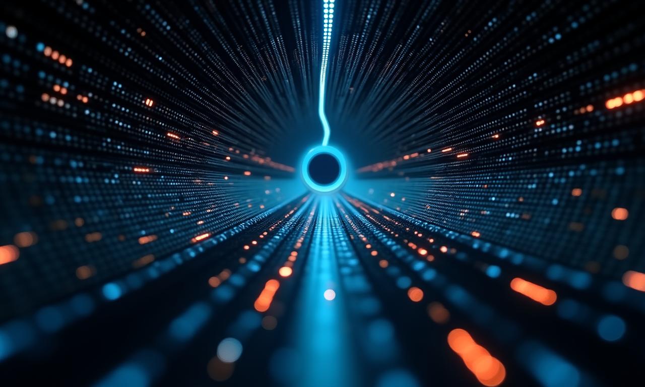 Visuel immersif et abstrait montrant des particules numériques en mouvement, symbolisant la réalité virtuelle et les données créatives.