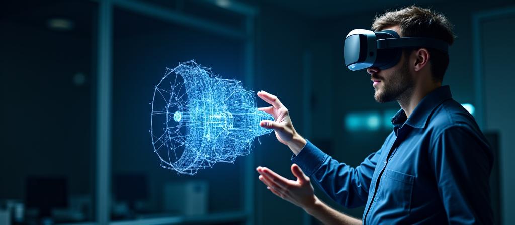 Un technicien dans un casque VR interagit avec un modèle 3D détaillé d'un moteur aérospatial
