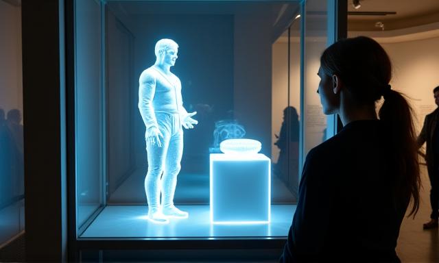 Un guide holographique 3D d'une figure historique racontant une histoire dans un musée