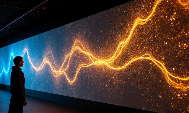 Installation numérique interactive représentant un flux de données lumineuses et liquides sur un mur sombre