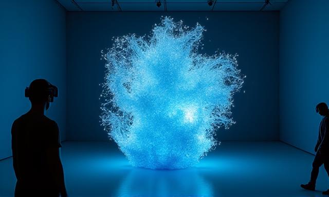 Sculpture de lumière numérique flottante visualisée dans un espace sombre utilisant la réalité mixte