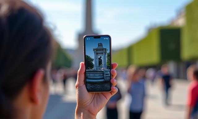 Visiteur utilisant un smartphone pour voir un ancien artefact prendre vie en réalité augmentée devant un monument historique.