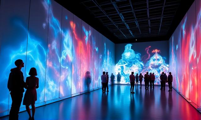 Installation artistique numérique interactive dans un lieu public, projetant des couleurs vives et répondant aux mouvements des passants.