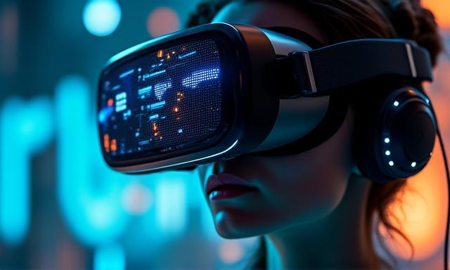 Illustration d'une personne dans un casque de réalité virtuelle, entourée de données et de mondes numériques cinématiques.